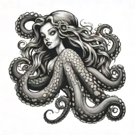Octopus looking up at mermaid, include mermaid  tattoo design idea
