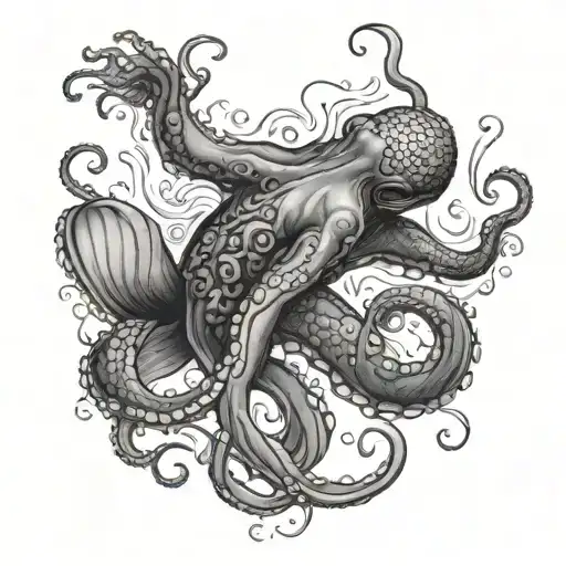 Octopus looking up longingly at a mermaid in the ocean wrap around entire bottom of leg.   tattoo design idea