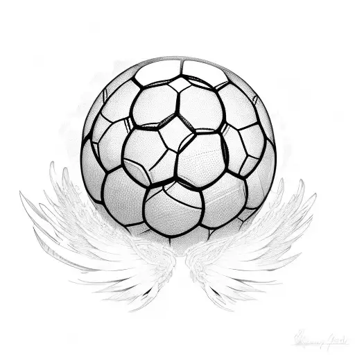 A cartoon-style soccer ball with wings and a halo tattoo design idea