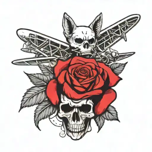 red rose, dog, plane, skull tattoo design idea