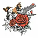 red rose, dog, plane, skull tattoo design idea