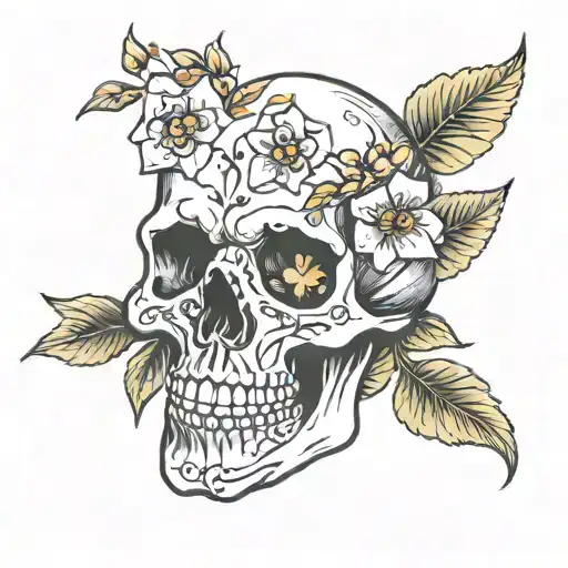 Skull with Flowers Leafs Cherry Blossom tattoo design idea