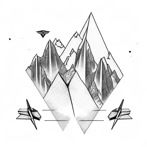 Paper airplane flying above a mountain range tattoo design idea