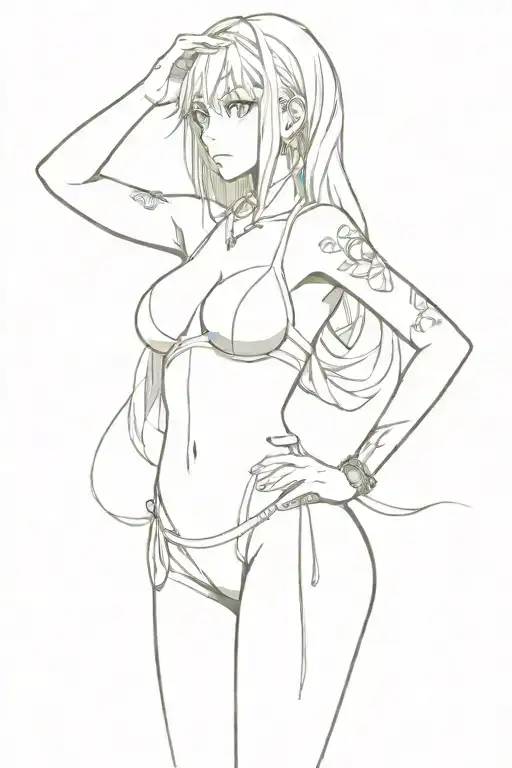 anime girl, big cleavage, bikini, standing tattoo design idea