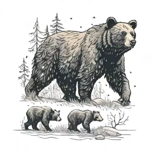 momma black bear with her one black bear club behind her walking in the woods together at night with a Galaxy sky tattoo design idea