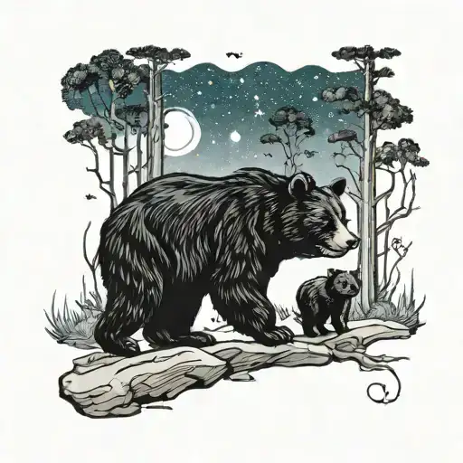 momma black bear with her one black bear club walking sideways  in the woods together at night with a Galaxy sky and the tattoo design idea
