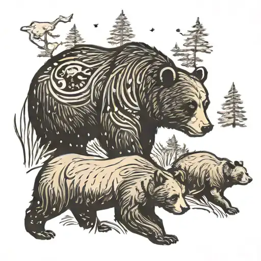 momma black bear with her one black bear club behind her walking in the woods together at night with a Galaxy sky tattoo design idea