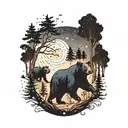 momma black bear with her one black bear club walking sideways  in the woods together at night with a Galaxy sky and the tattoo design idea