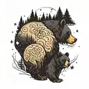 momma black bear with her one black bear club walking sideways  in the woods together at night with a Galaxy sky and the tattoo design idea