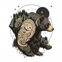 momma black bear with her one black bear club walking sideways  in the woods together at night with a Galaxy sky and the tattoo design idea