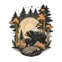 momma black bear with her one black bear club walking sideways  in the woods together at night with a Galaxy sky and the tattoo design idea