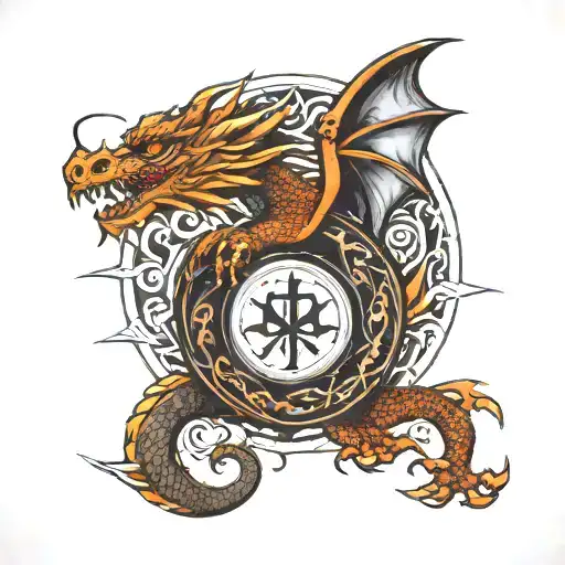 Dragon with moon and nordic signs  tattoo design idea