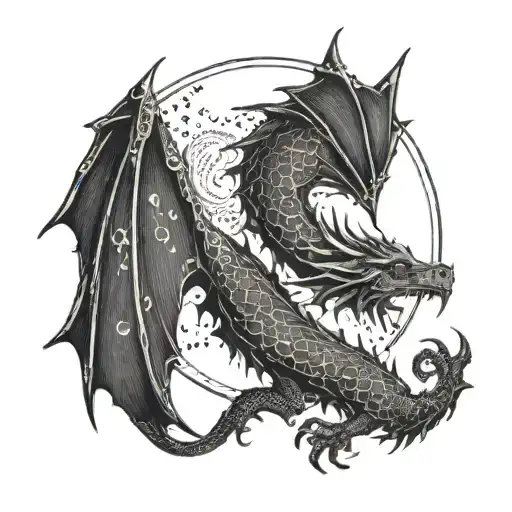 Dragon with moon and nordic signs  tattoo design idea