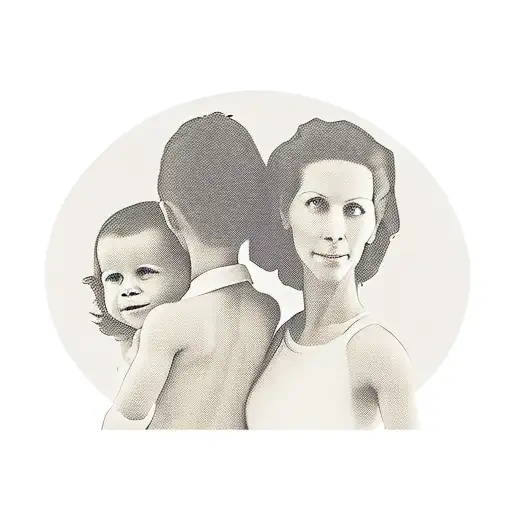 silhouette of a beautiful mother with long hair with her two sons. all seen from the back. tattoo design idea