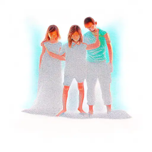 silhouette of a mother with long hair and her two young sons old on either sides holding her hands tattoo design idea
