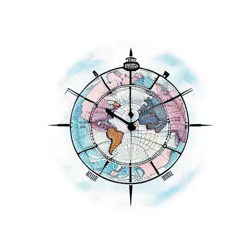 A clock surrounded by a world map, with travel destinations marked as time zones tattoo design idea