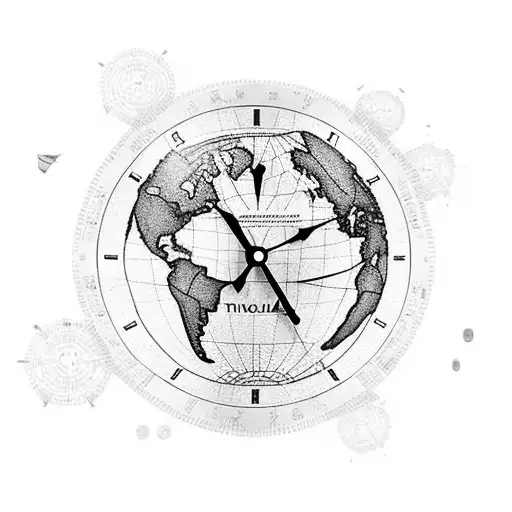 A clock surrounded by a world map, with travel destinations marked as time zones tattoo design idea