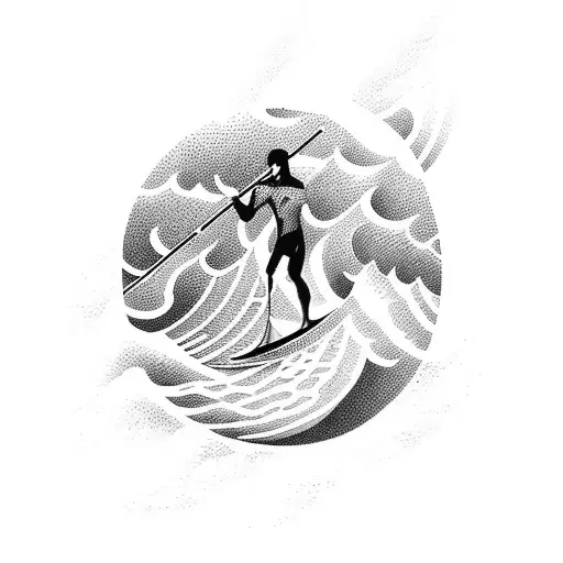 A paddleboarder riding a wave formed by soundwaves in the ocean tattoo design idea