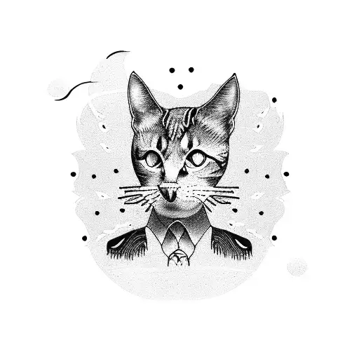 A dotwork tattoo of a drum set with a cat silhouette as the drummer, symbolizing the client's love for playing drums and cats tattoo design idea