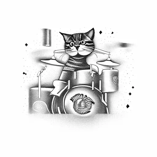 A fierce blackwork tattoo of a cat playing the drums surrounded by metal and rock music symbols tattoo design idea