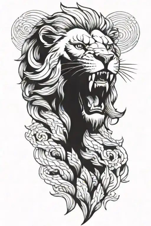 mountains and roaring lion head tattoo design idea