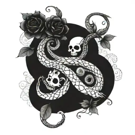 two snakes one normal and one skeleton intertwined with flowers tattoo design idea