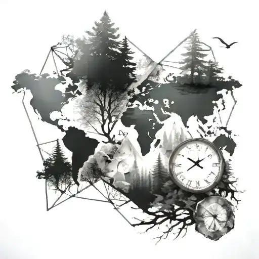 forest in a diamond, world map, a single clock tattoo design idea