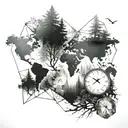 forest in a diamond, world map, a single clock tattoo design idea