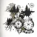 forest in a diamond, world map, a single clock tattoo design idea