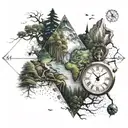 forest in a diamond, world map, a single clock tattoo design idea