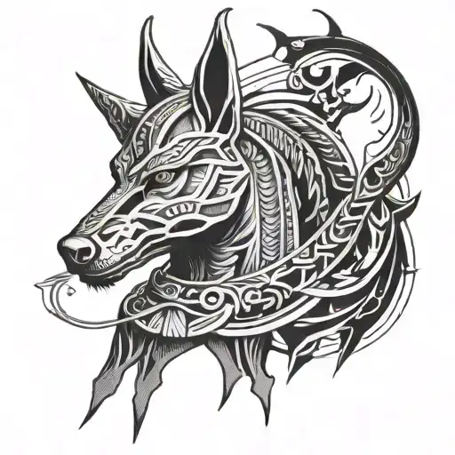 anubis with cerberus above with lighting bolts  tattoo design idea