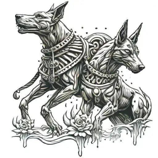 anubis with cerberus above with lighting raining down  tattoo design idea