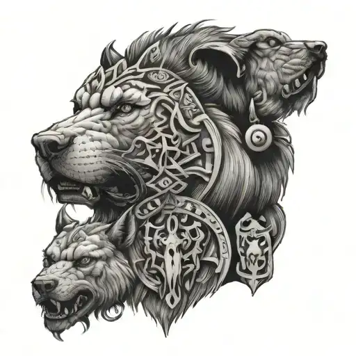 A detailed portrait of Cerberus surrounded by iconic symbols from Greek, Egyptian, and Norse mythology tattoo design idea