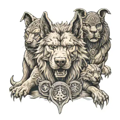 A detailed portrait of Cerberus surrounded by iconic symbols from Greek, Egyptian, and Norse mythology tattoo design idea