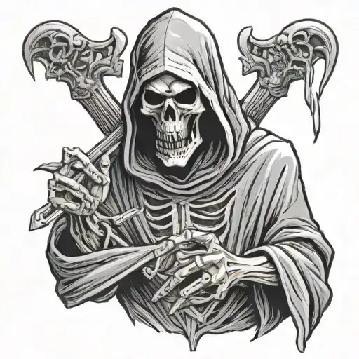 Grim reaper performing the "hush" gesture while holding a severed head. The severed head's mouth is seen shit tattoo design idea