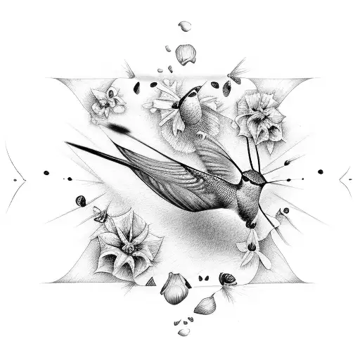 humming birds with flowers and bees. black and grey tattoo design idea