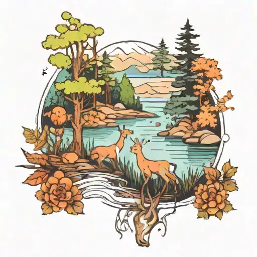 A serene landscape of a peaceful lake surrounded by woodland animals like deer, foxes, and rabbits, with a sketch style tattoo design idea
