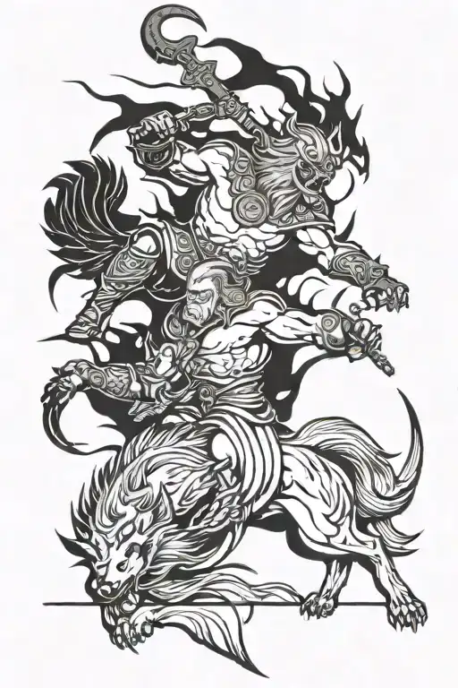 Odin VS Fenrir Battle scene tattoo design idea