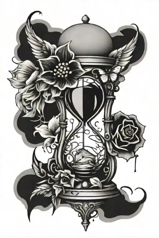 gothic hourglass with cracks and flowers tattoo design idea