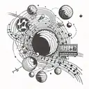 A music production studio with planets and stars as sound waves tattoo design idea
