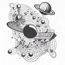 A music production studio with planets and stars as sound waves tattoo design idea