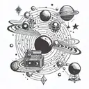 A music production studio with planets and stars as sound waves tattoo design idea