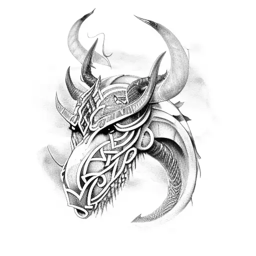 A mythical Viking creature, half-human and half-dragon tattoo design idea