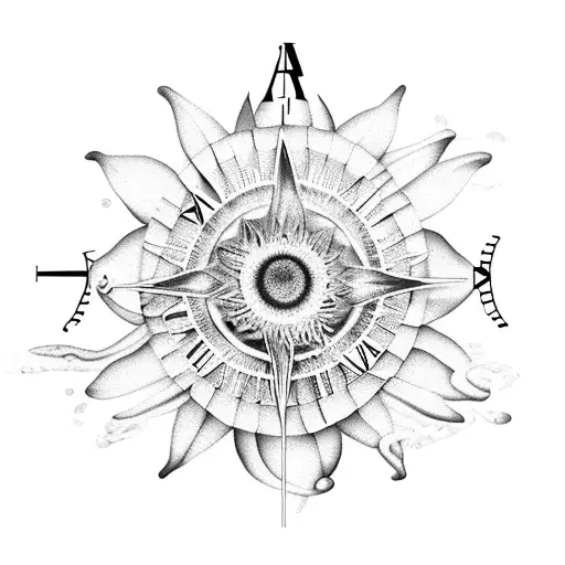 Water lily, compass, jellyfish, sunflower, clock tattoo design idea