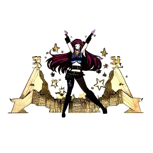 hard rock beauty girl with symbols of valor, honor, rigor, curiosity, and tenacity tattoo design idea