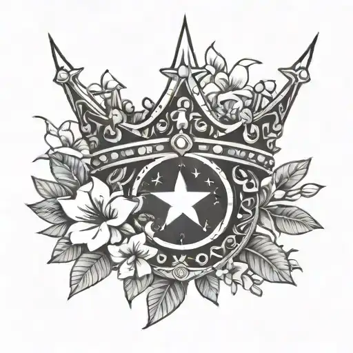 A crown of a prince with the North star engraved in the crown surrounded by Plumeria alba (black and white) tattoo  tattoo design idea