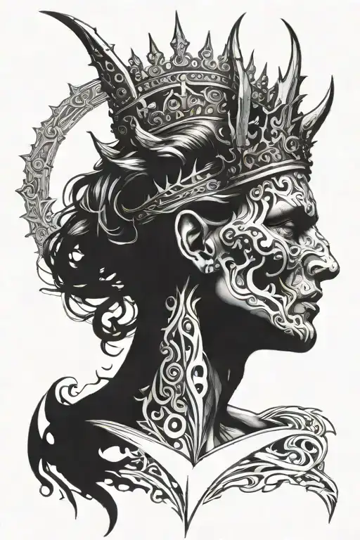 The devil has one wing straight and one wing inverted and a crown on his head tattoo design idea
