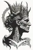 The devil has one wing straight and one wing inverted and a crown on his head tattoo design idea