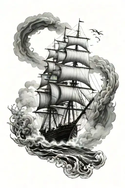 three masted ship sailing through stormy tattoo design idea