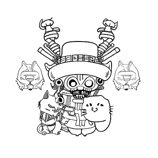 A minimalist tattoo of Chopper from One Piece, with a cat cuddling next to him tattoo design idea